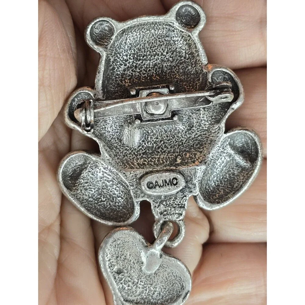 Vintage AJMO Teddy Bear Brooch Be Mine Articulated Dangle Heart Mothers Day Gift